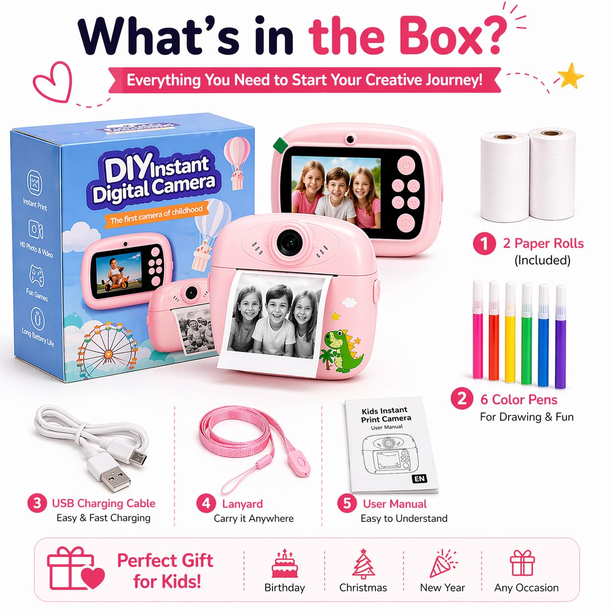 Diy Instant Digital Print Camera for Kids (Random Design)