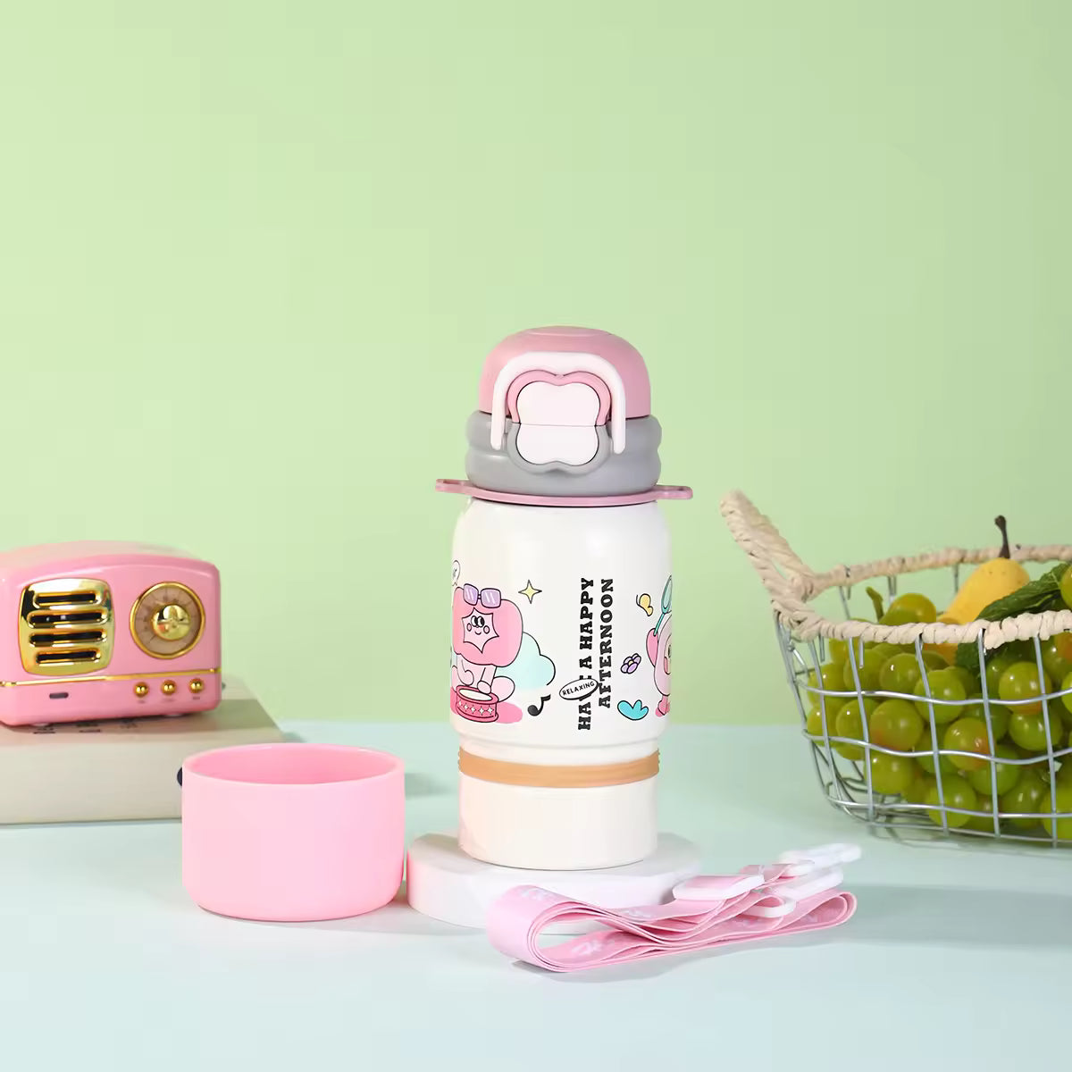 Student Rabbit Cute Straw Water Bottle with Strap