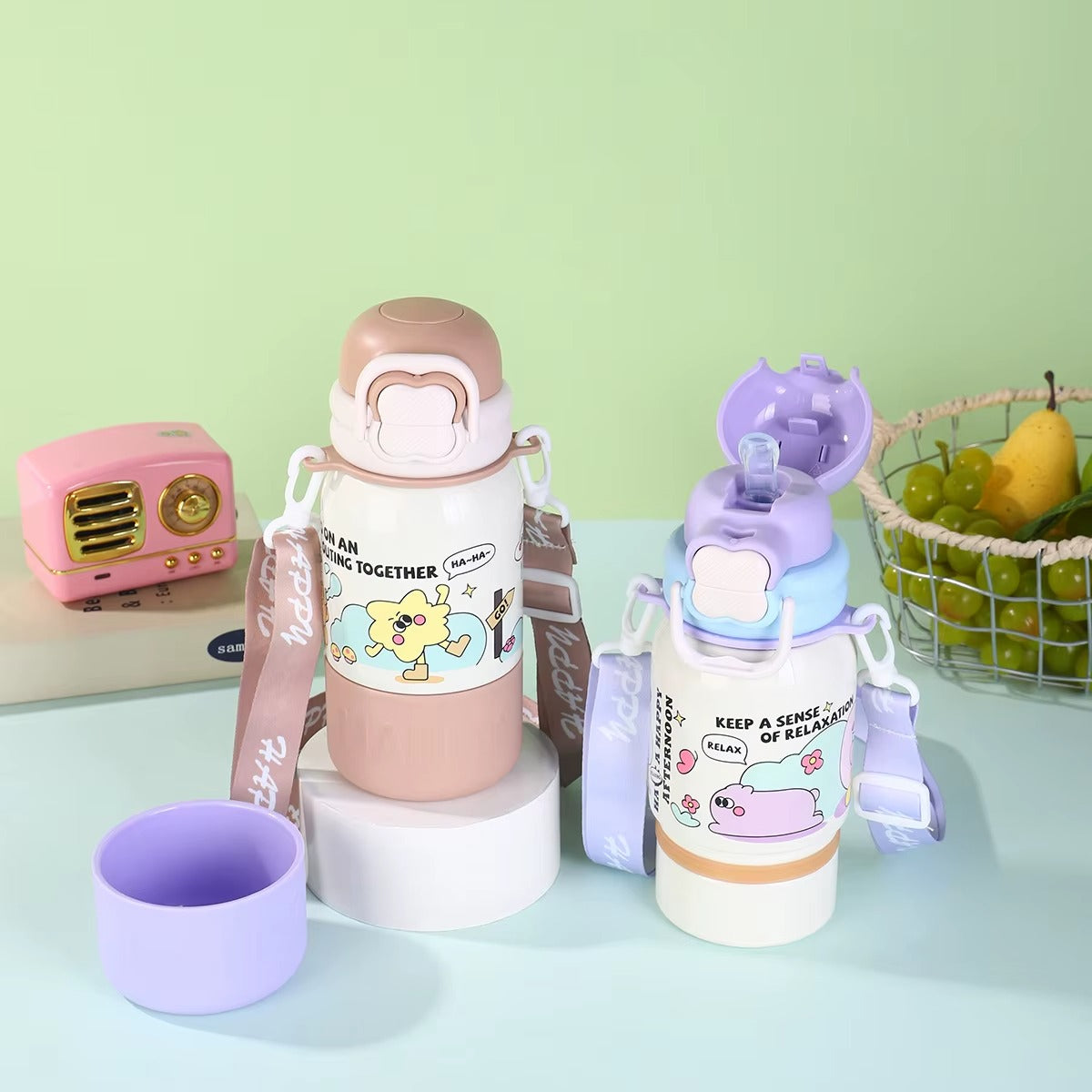 Student Rabbit Cute Straw Water Bottle with Strap