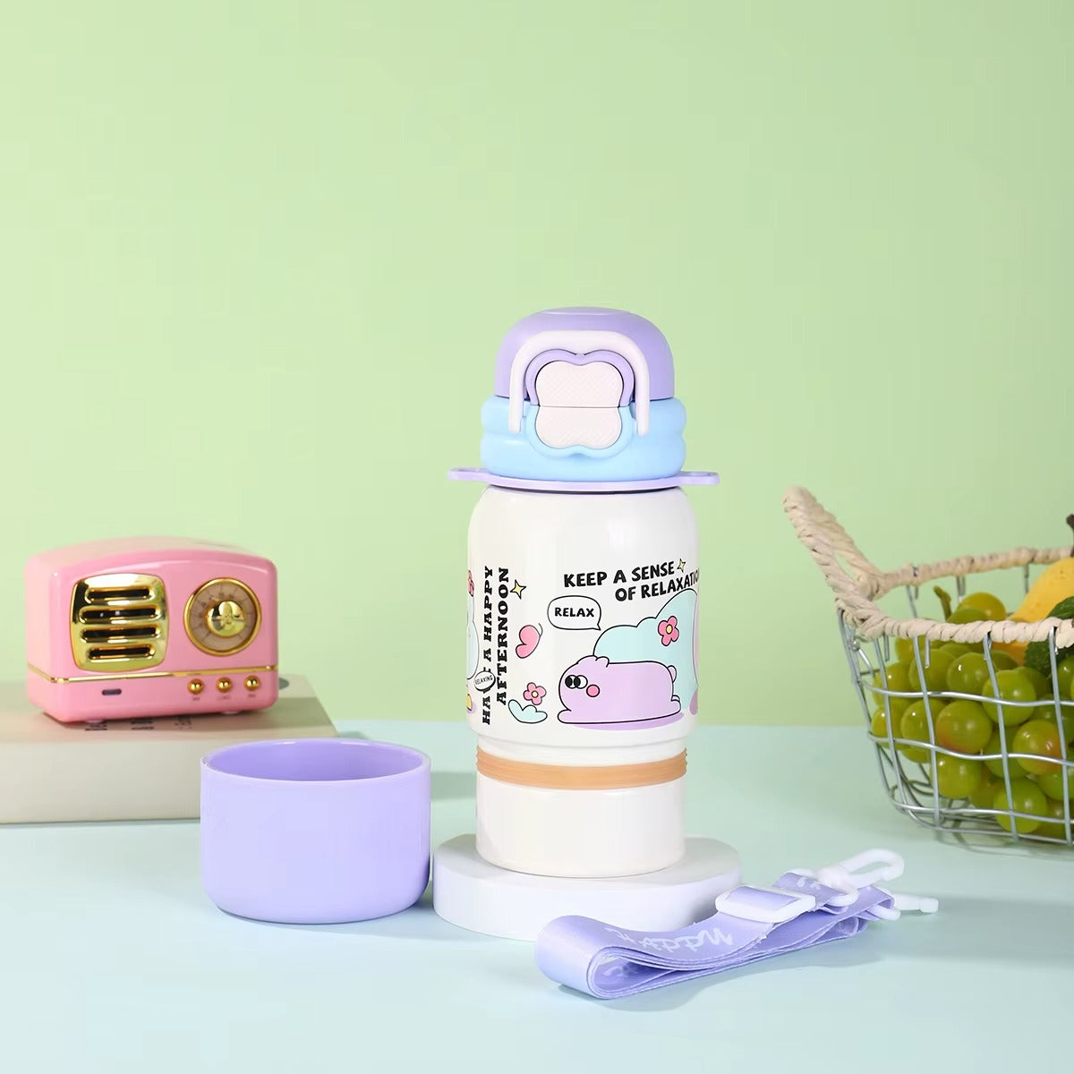 Student Rabbit Cute Straw Water Bottle with Strap