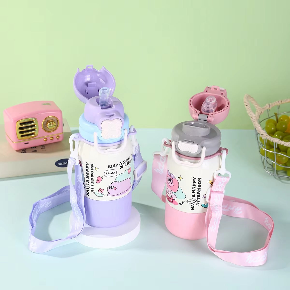 Student Rabbit Cute Straw Water Bottle with Strap