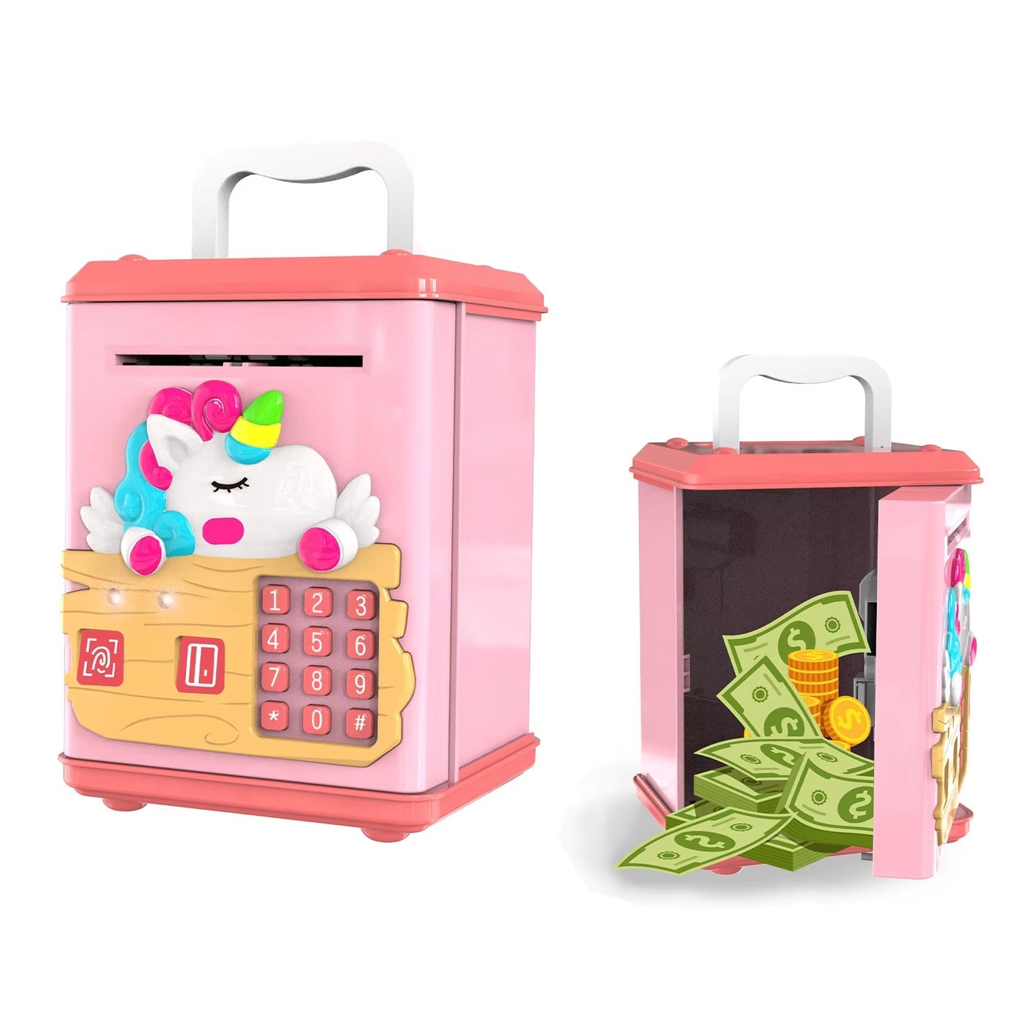 Kids Plastic Money Box Simulated Fingerprint Password Swiping Card Light Sounds Cartoon Saving Pot Toys