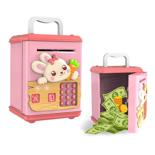Kids Plastic Money Box Simulated Fingerprint Password Swiping Card Light Sounds Cartoon Saving Pot Toys
