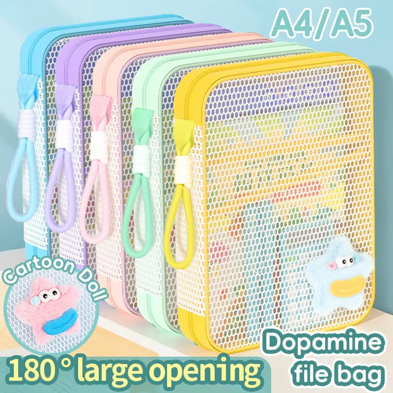Light Color A4 Portable Zipper Mesh Subject Classification Document & Book Bag for Junior High School Students