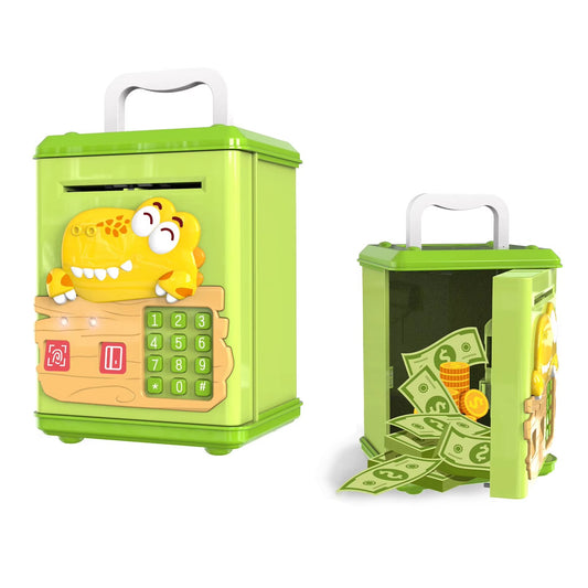 Kids Plastic Money Box Simulated Fingerprint Password Swiping Card Light Sounds Cartoon Saving Pot Toys